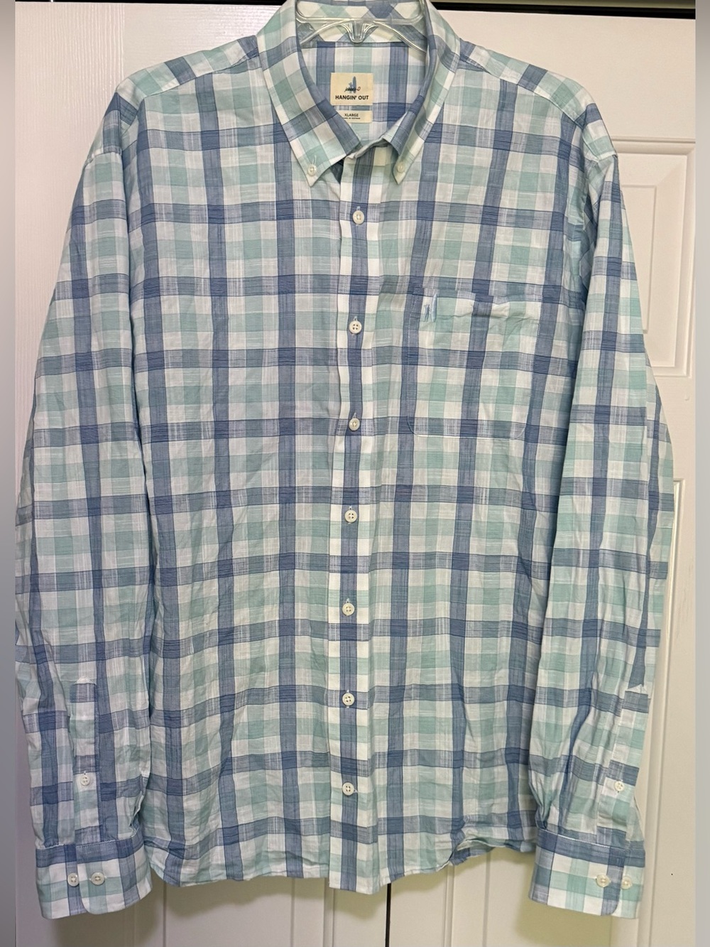 Johnnie-O Hangin Out Mens XL Blue White Plaid Button Front Shirt